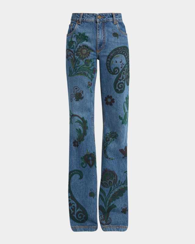 Flower and Bee Printed Flare Jeans